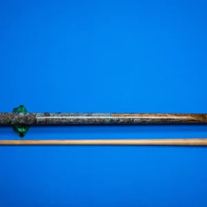 Full view of the handcrafted Silver Three pool cue made with cocobolo crotch wood